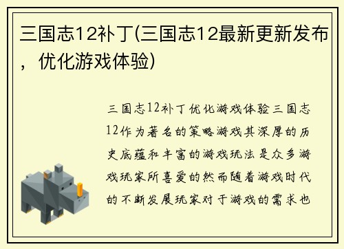 三国志12补丁(三国志12最新更新发布，优化游戏体验)